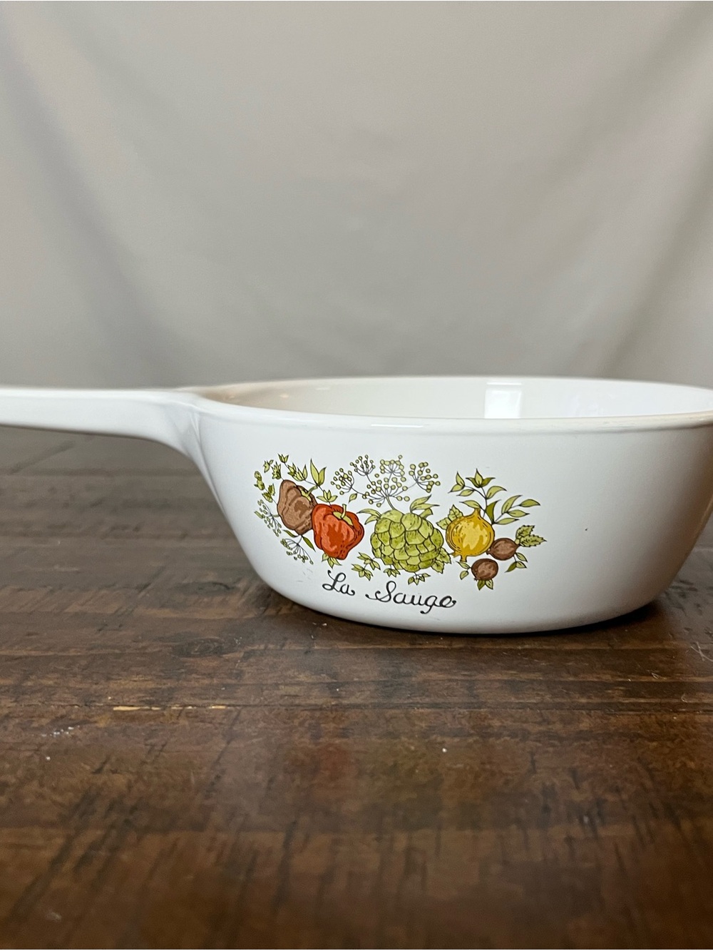Vintage La Saige White Ceramic Saucepan with Fruit Motif- No Lid